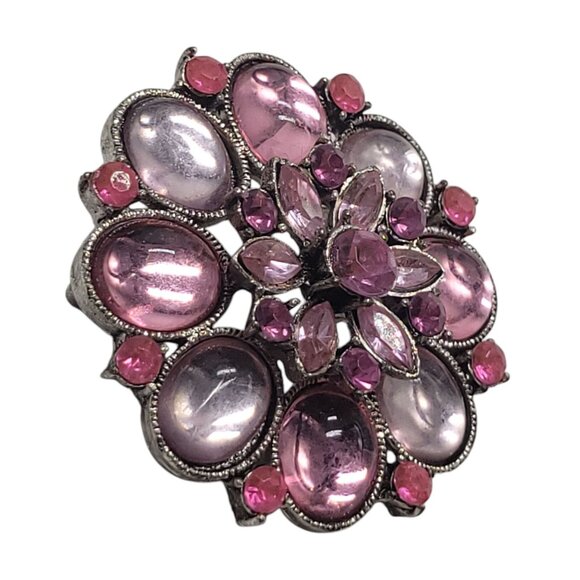 Vintage Floral Pink Rhinestone Brooch Pin With Silver-Tone Metal Backing - Picture 4 of 10